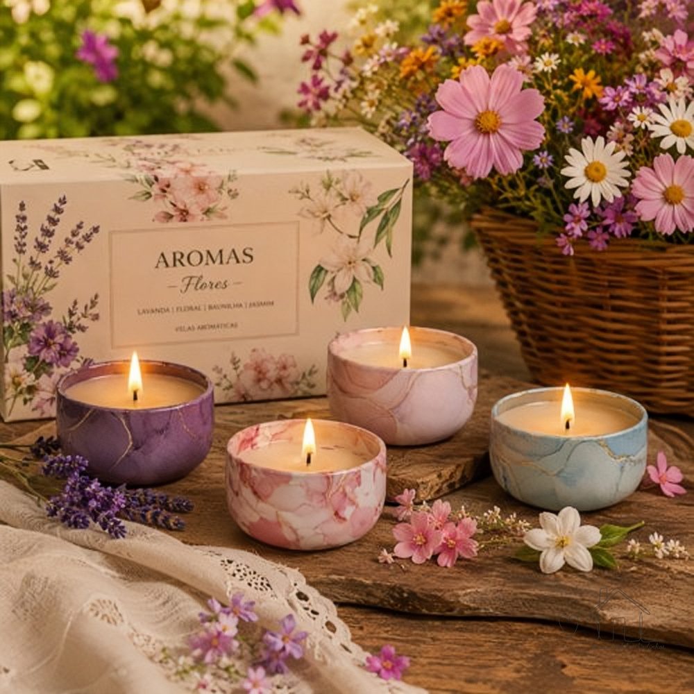 Kit Velas Aromáticas Decorativas na Lata Mármore – 3 unidades – Lavanda, Floral, Baunilha, Jasmim