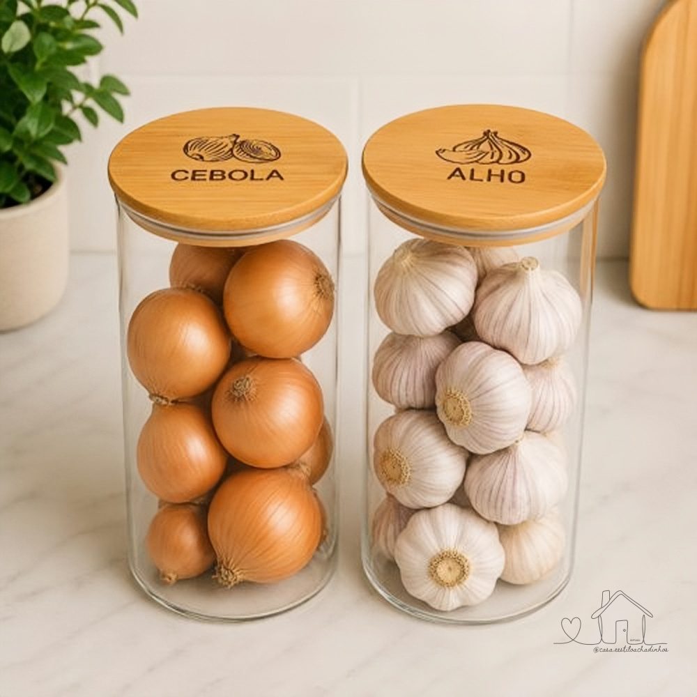 Kit Potes Alho e Cebola Tampa de Bambu Transparente