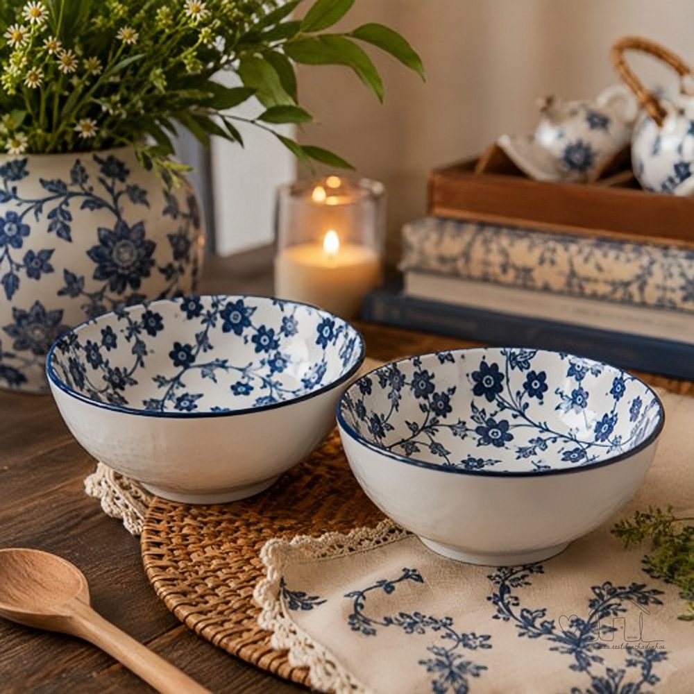 Kit 2 Bowls Decorados 300ml Cada - Porcelana Azul Floral