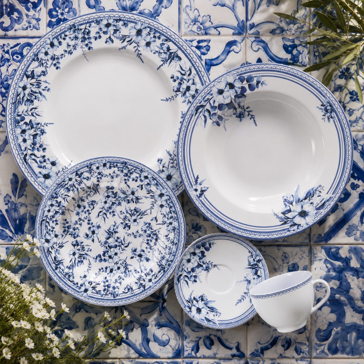 Aparelho Jantar Azzura 30 Peças Porcelana Alta Qualidade Estampa Flores Azuis 6 Pessoas Tramontina