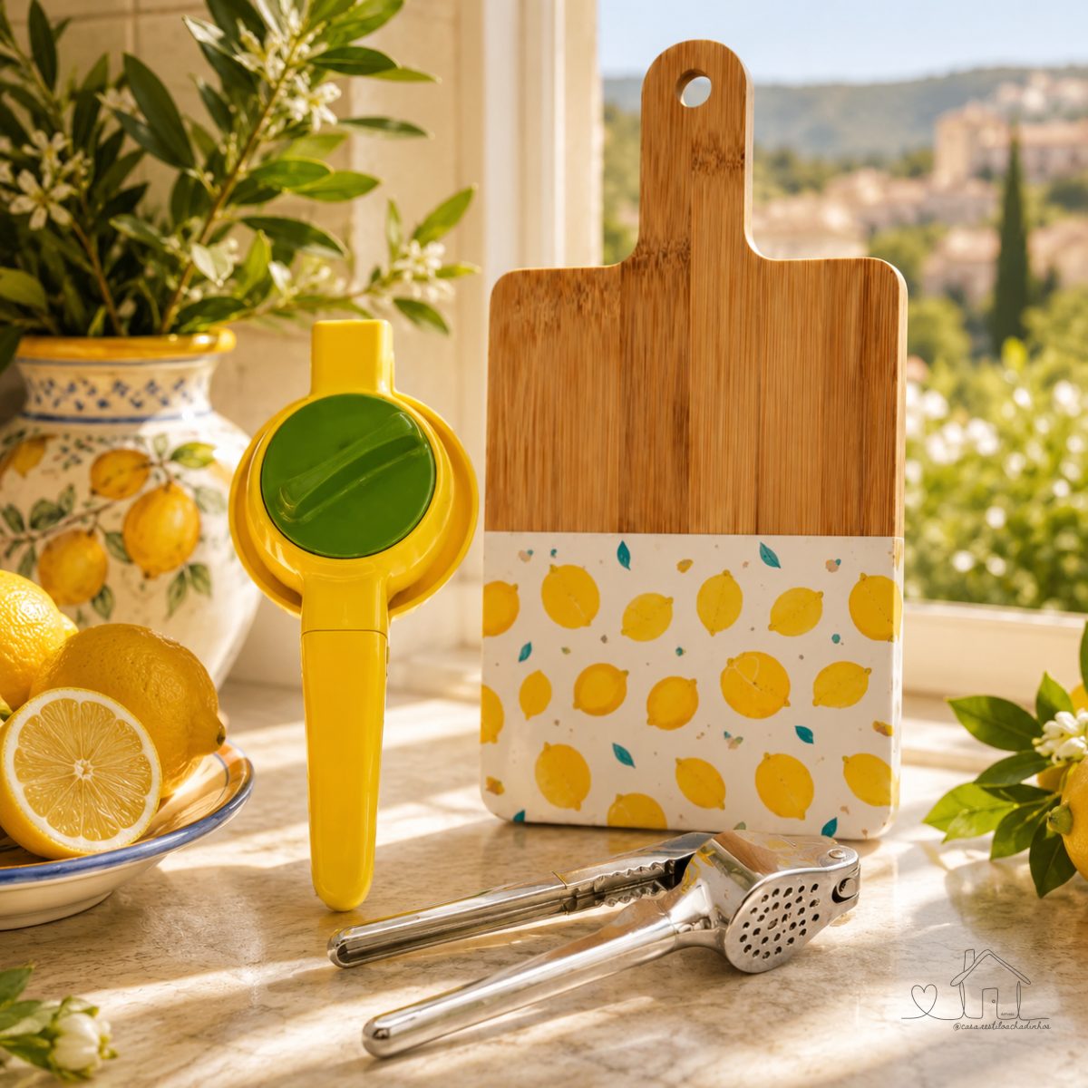 Kit Espremedor Limão Alho + Tábua Frios Bambu Cozinha Top