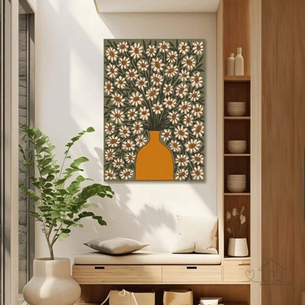 Quadro Decorativo Margaridas e Vaso Laranja 60x90 Tela Canvas Grande Pronto Para Pendurar