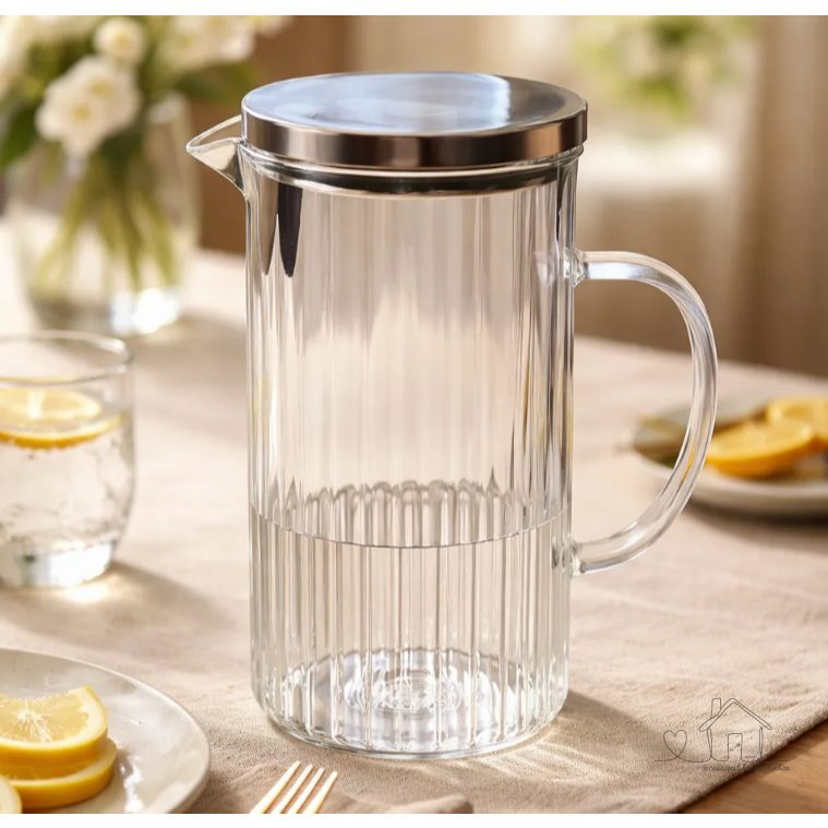 Jarra de Vidro Com Tampa Inox Canelada 1,3L Suco Agua Refresco