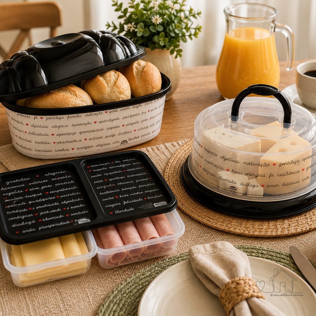 Kit  3 peças serve pão, porta frios, pote redondo cozinha mesa organização