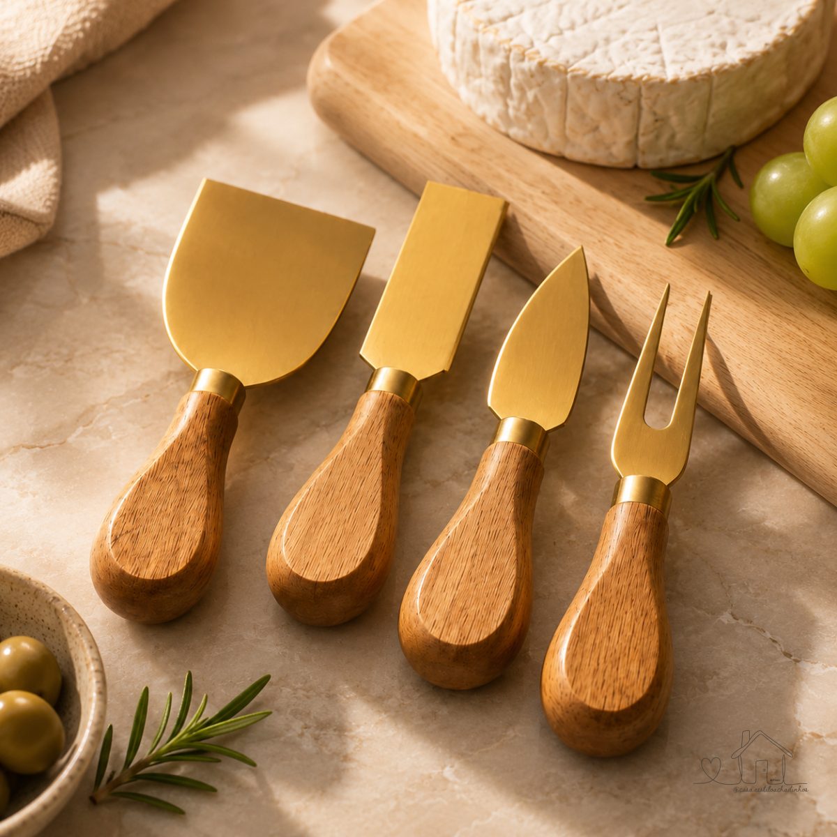 Kit 4 Facas Para Queijo Douradas Cabo Madeira Tábua Frios Aperitivos