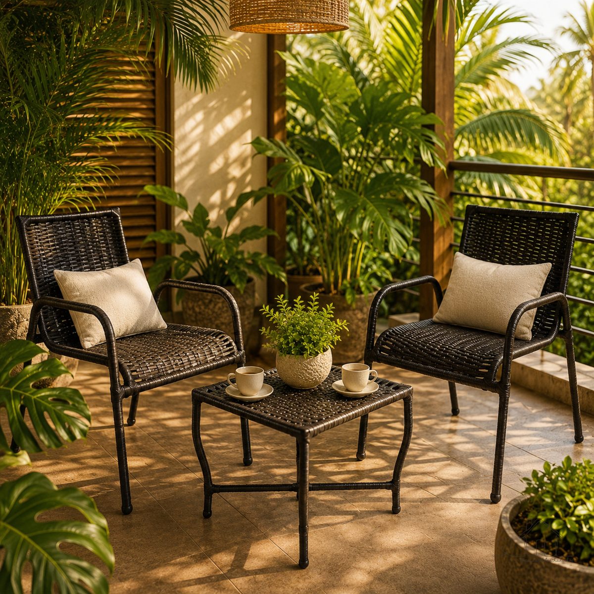 Kit 2 Cadeiras Fibra Sintética + Mesa de Centro Área Externa Jardim Varanda Piscina Aço Carbono Junco Sintético