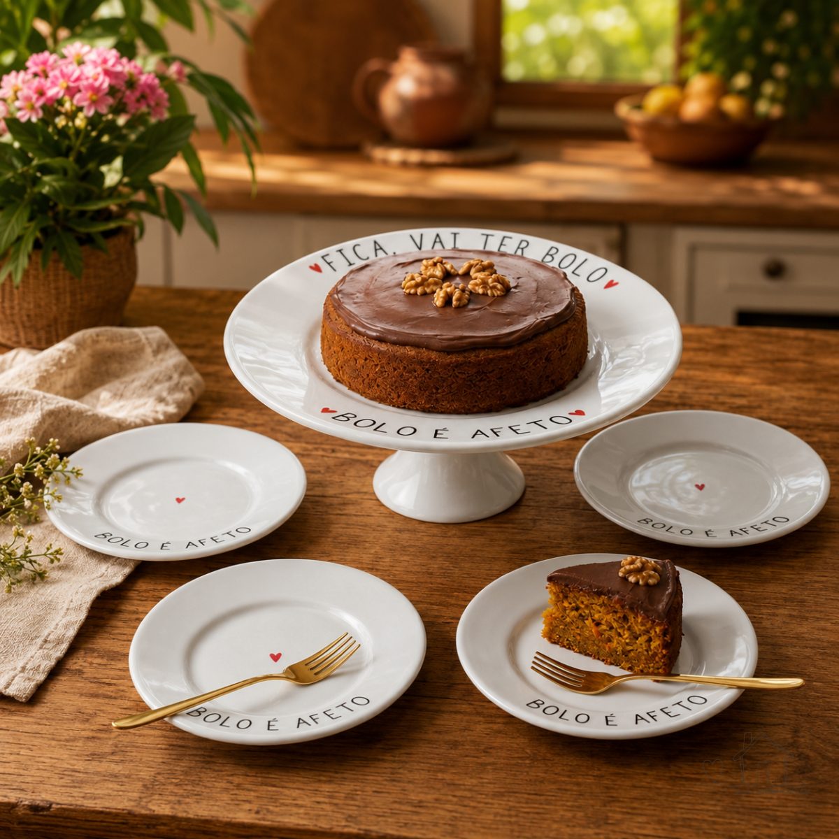 Boleira com Pé + 4 Pratos Sobremesa “Fica Vai Ter Bolo” - Porcelana