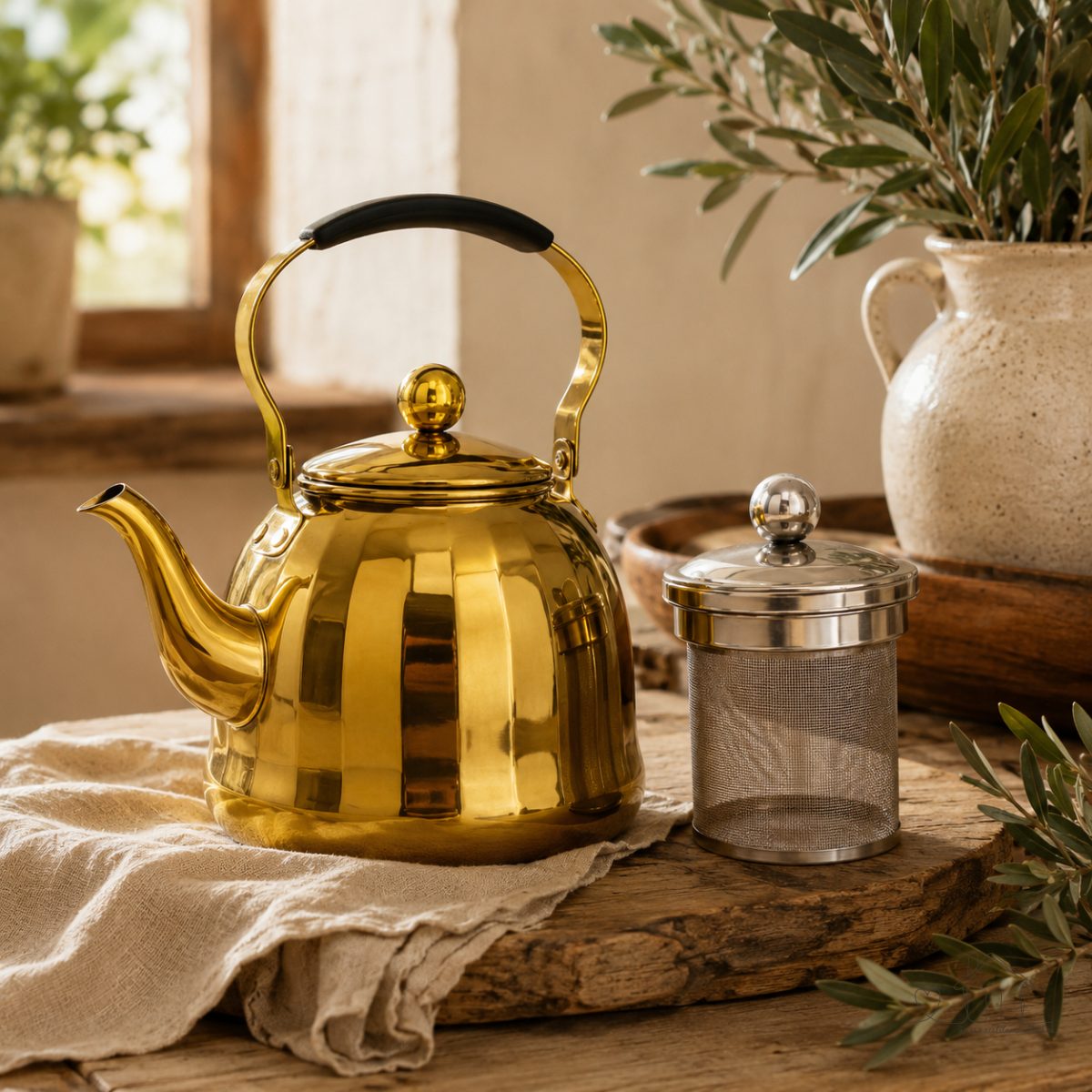 Bule Inox Dourado com Infusor 1L e 1,5L Chaleira para Chá e Café Indução Gás Premium