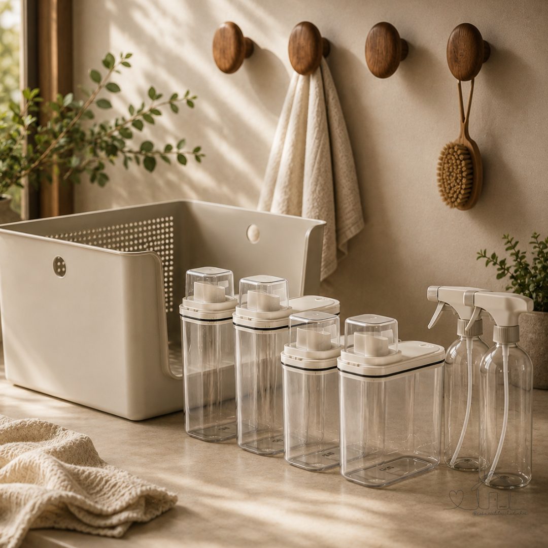 Kit Para Lavanderia 7 Peças - Cesto Organizador - Dispenser Sabão, Borrifador e Etiquetas