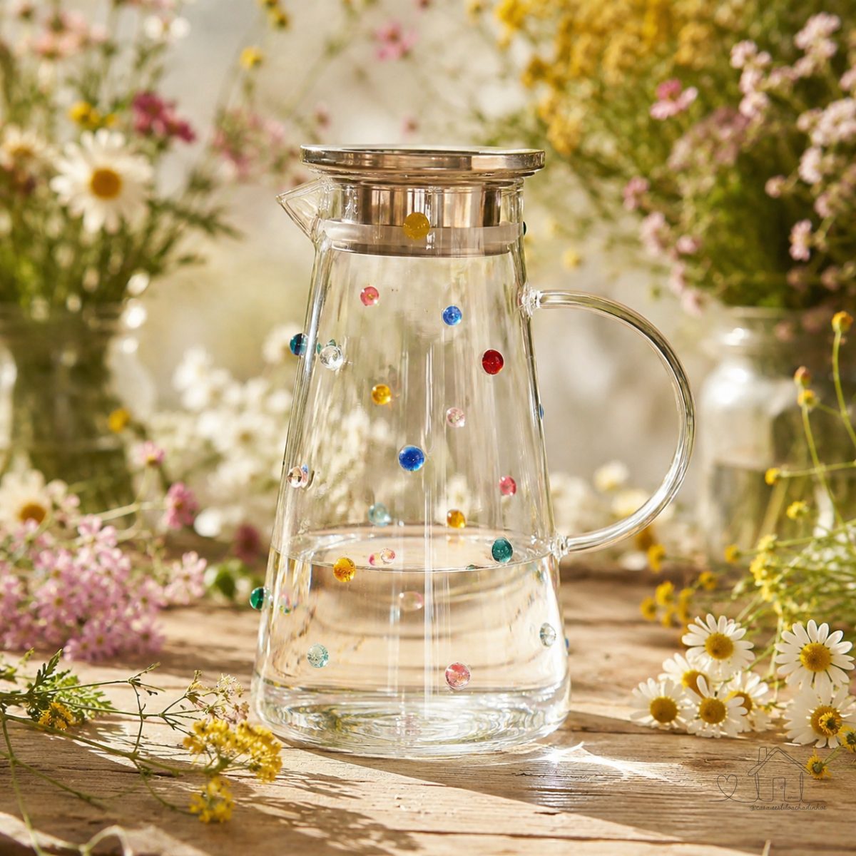 Jarra Água Suco Vidro Com Tampa Inox 1800 ml Decorada Com Mini Gemas Coloridas