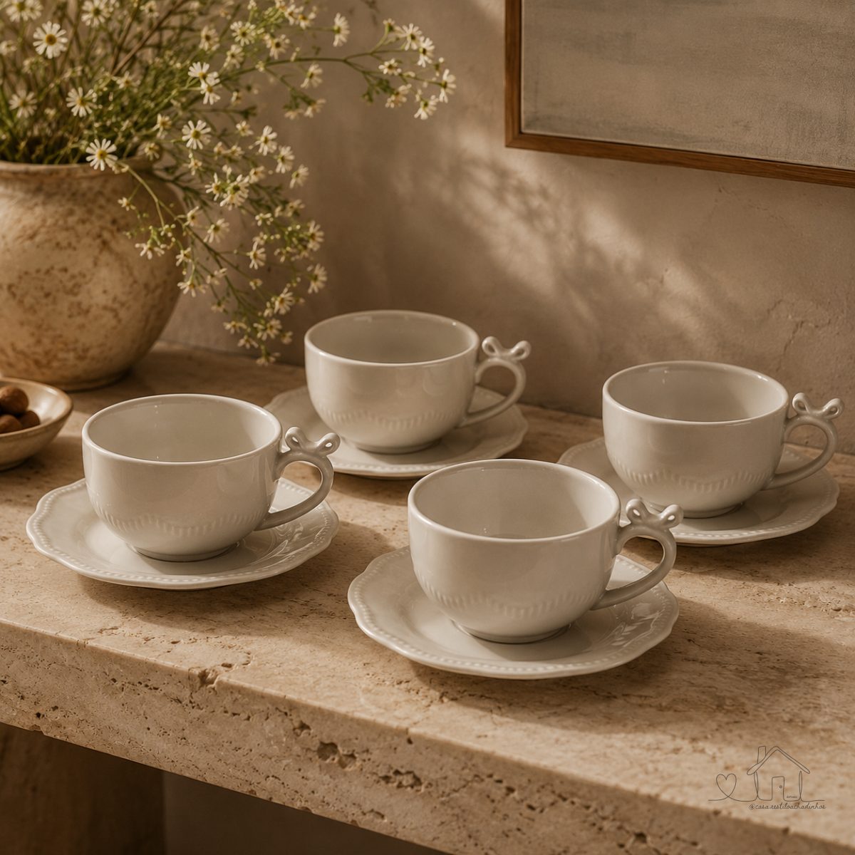 Jogo 4 Xicaras E Pires Cafe Laço Porcelana New Bone 110ML Cantinho Cafe Mesa Posta Luxo Clássica