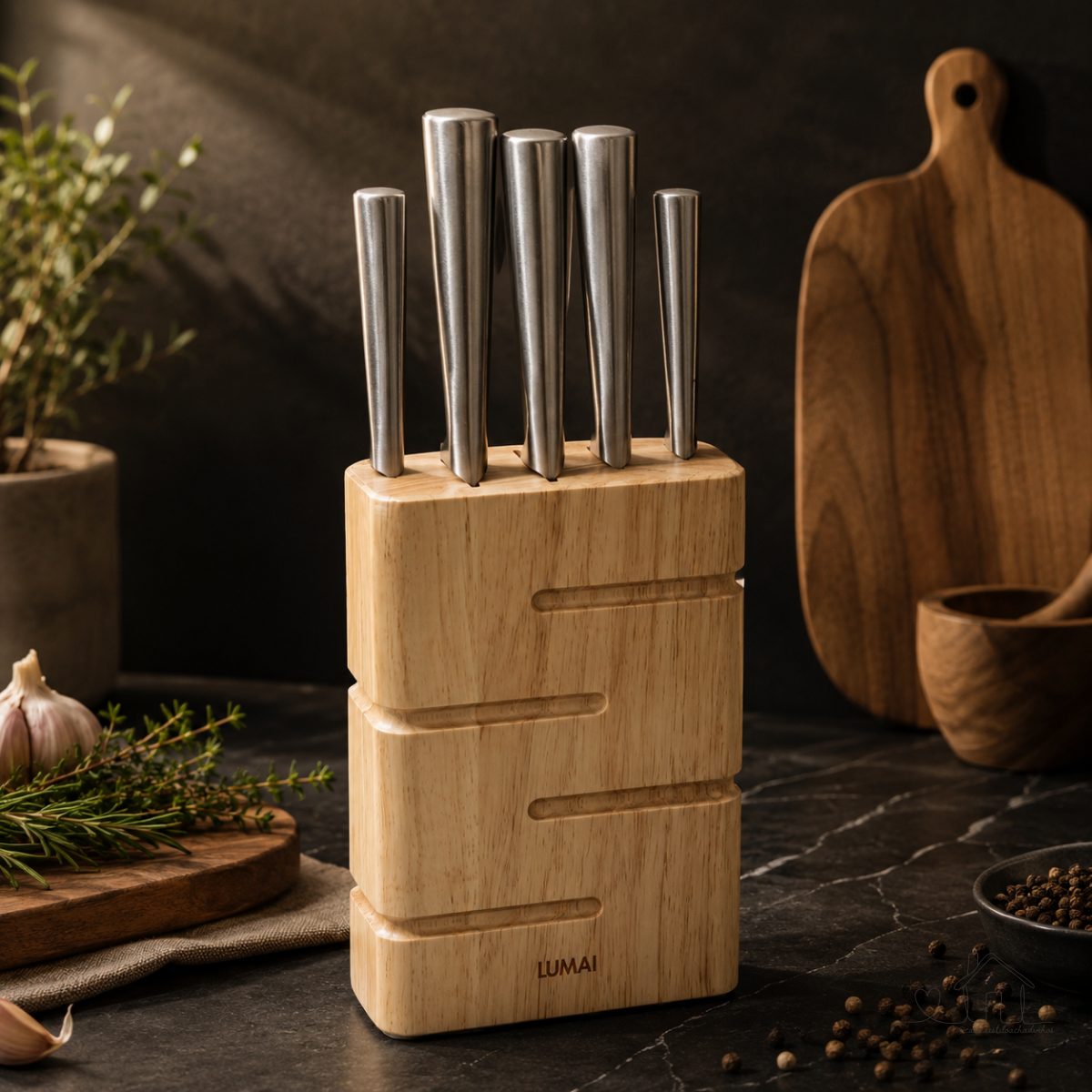 Lumai Kit 5 Facas Inox Cepo Madeira Suporte Organizador Cozinha Chef Santoku Pão Carne