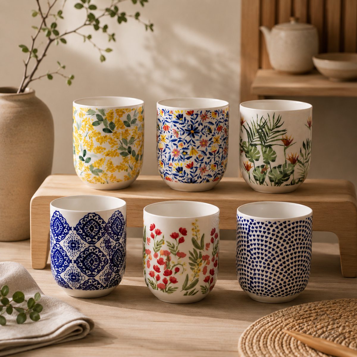 Kit 4 Caneca de Chá Porcelana Flores Xicara Copo 150ml