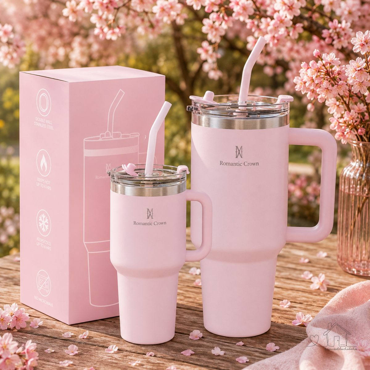 Kit 2 Copos Térmico Inox Portátil 1200ml/600ml - Inoxidável com Tampa e Canudo - ROMANTIC CROWN