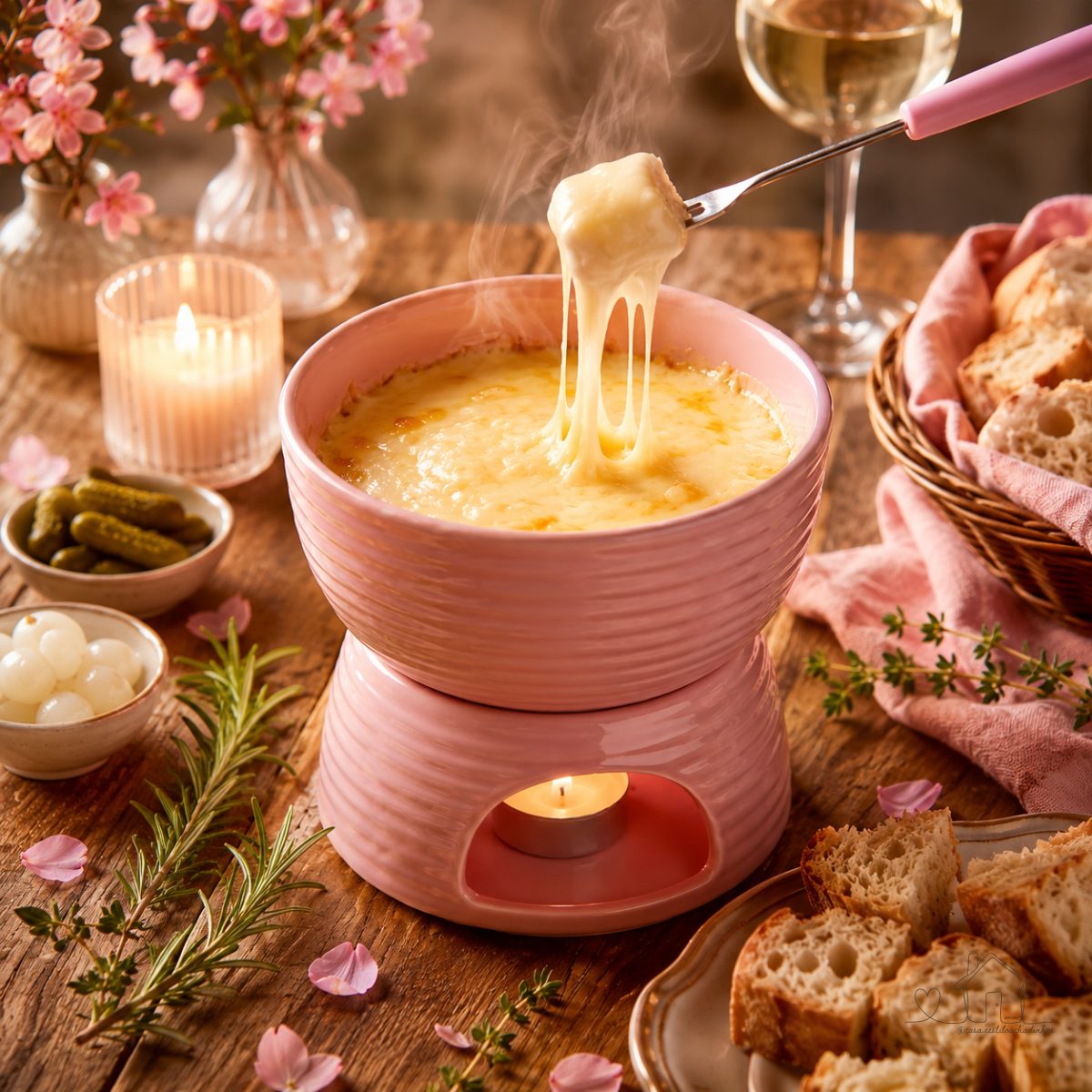 aparelho de Fondue 6 peças p/ 2 pessoas, com vela, portátil, 2 cores, elegante, resistente 400ml