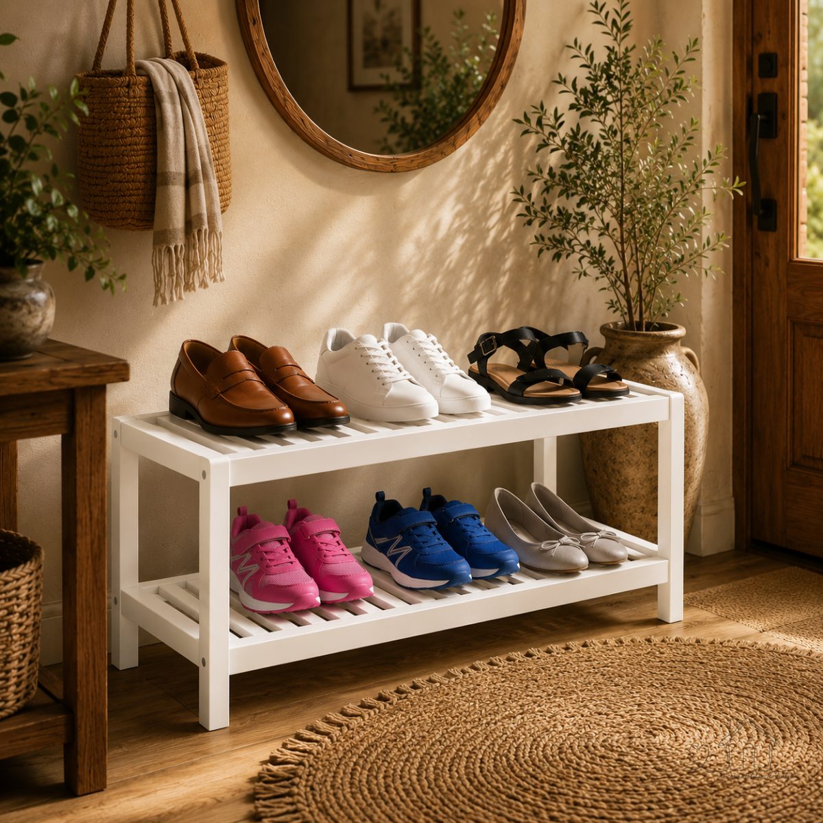Estante de Sapatos em Bambu Natural 2 Níveis, para Sapatos, Plantas ou Livros, Sala, Quarto ou Banheiro - Branco