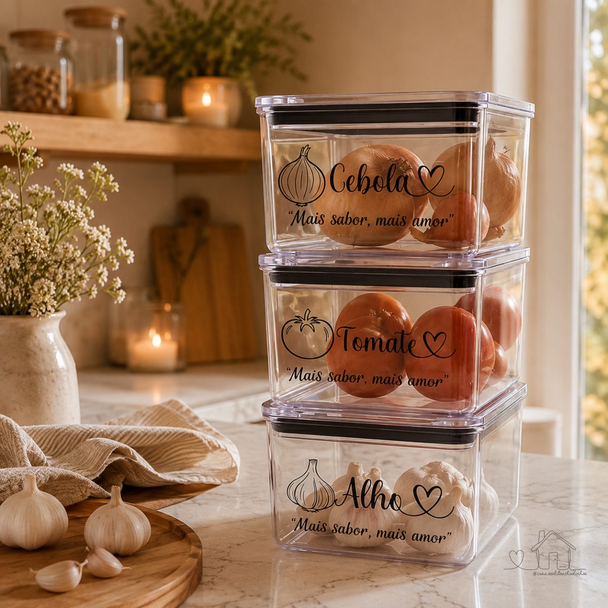 kIT 3 Potes 480ml Organizadores Herméticos Acrilico - Alho Cebola Tomate
