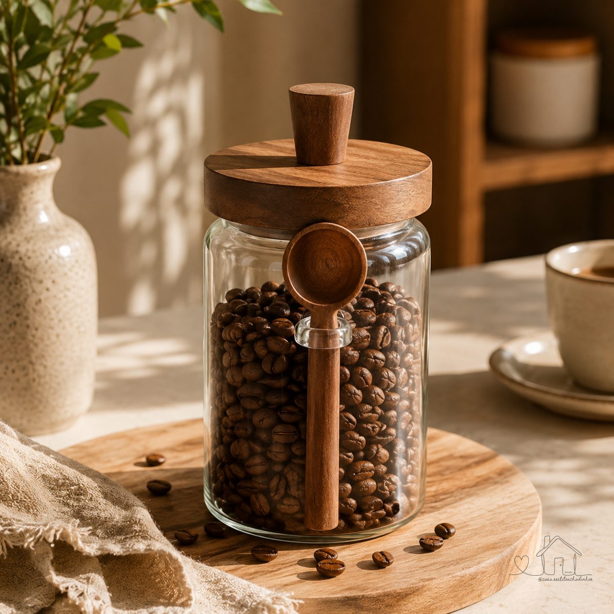 Pote Hermético Vidro 1,1L Tampa Madeira c/ Colher Mantimento Cozinha