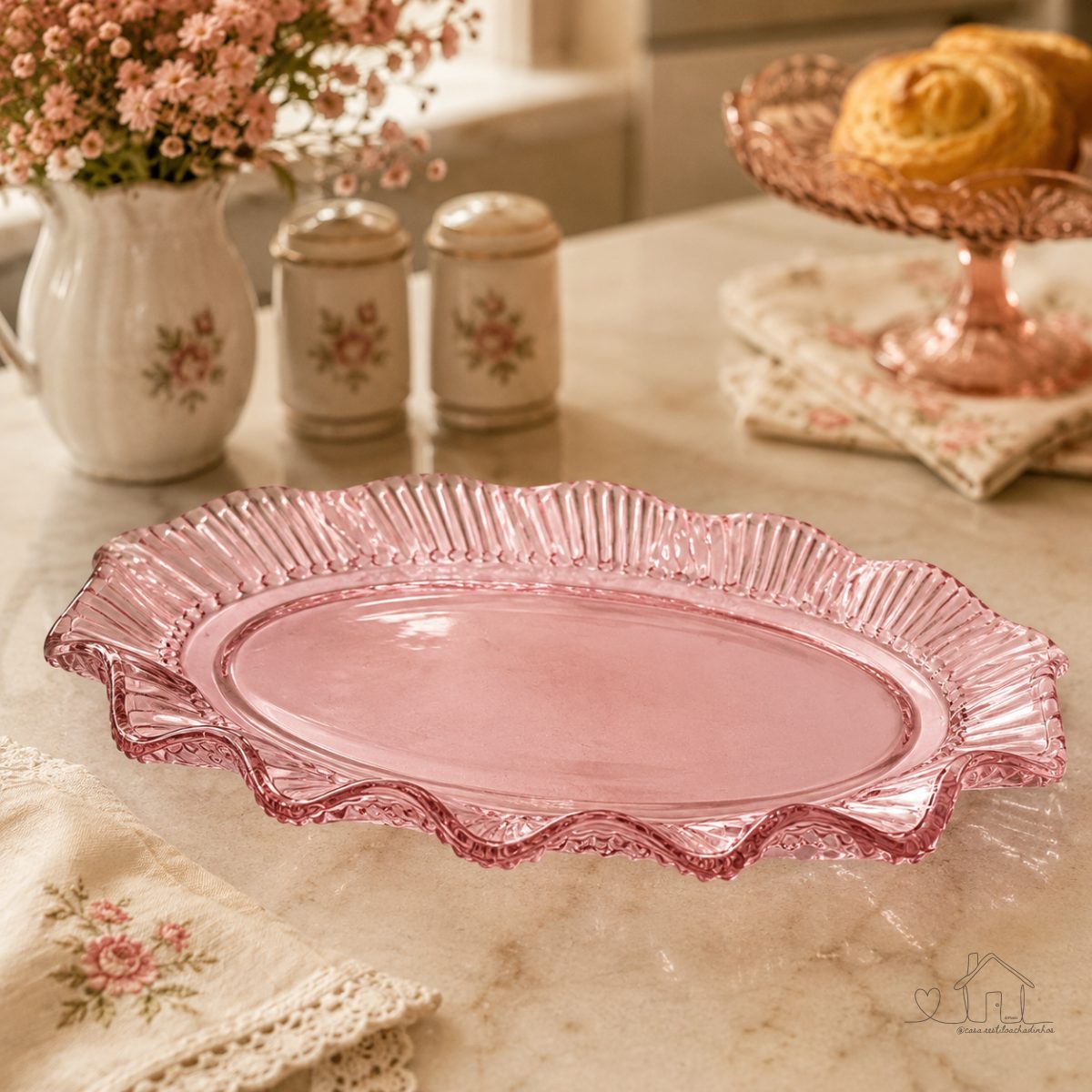 Prato De Vidro Oval Linx Rosa 25,4x16,6 cm Design Moderno