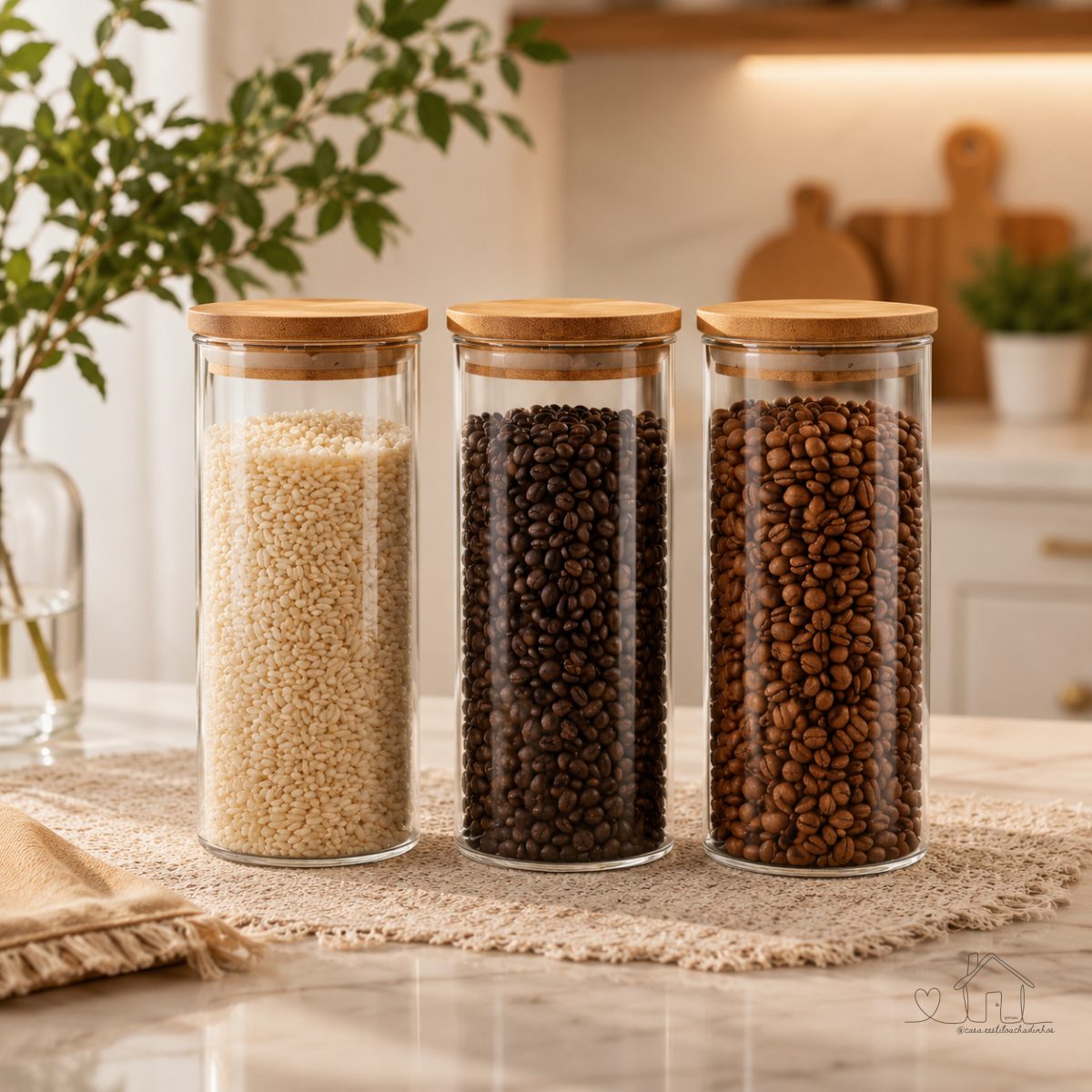 Kit 3 Potes de Vidro Herméticos com Tampa de Bambu de 1 Litro - Vidro Borossilicato - Bpa Free Transparente