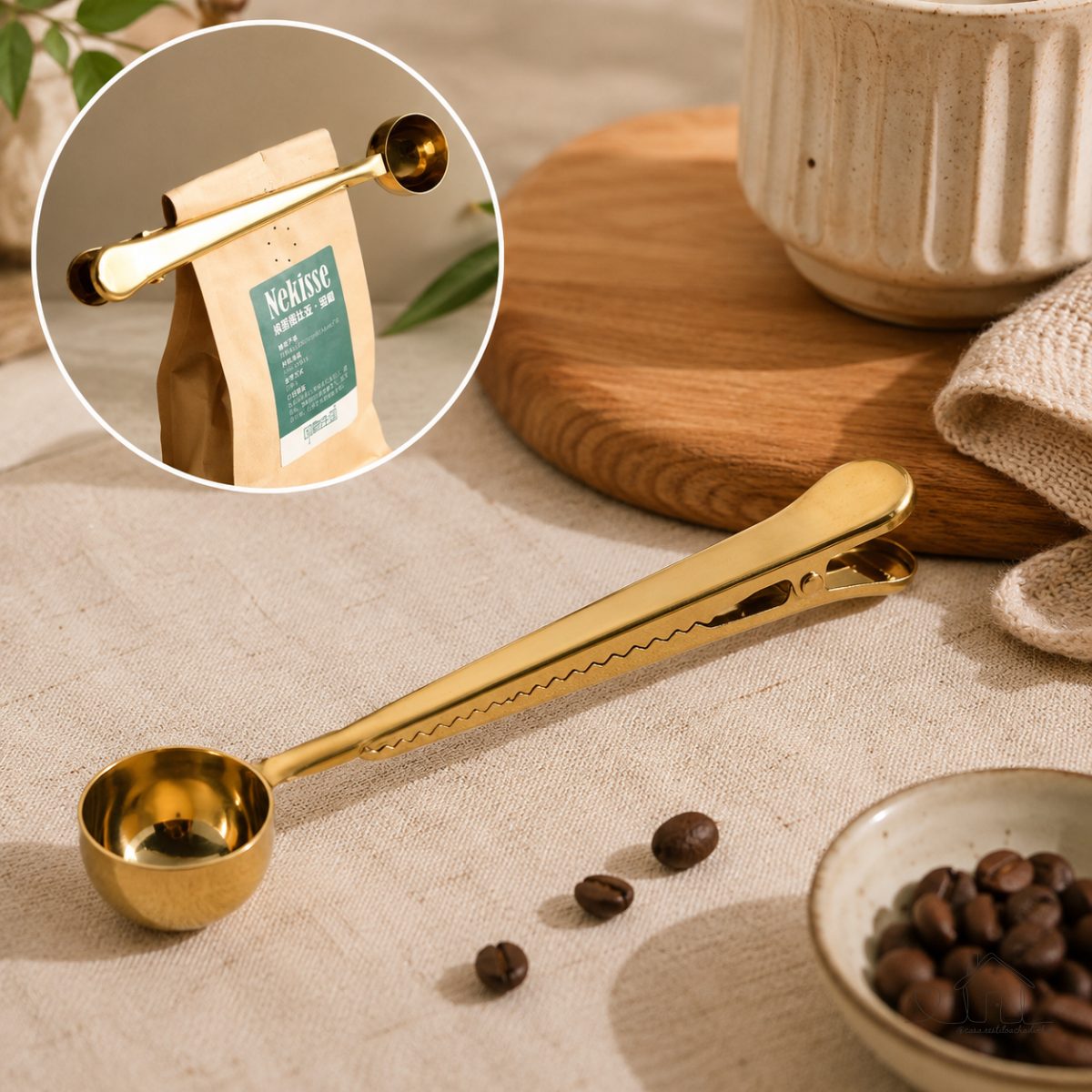 Colher Dosadora Café Dourada Inox com Grampo 2 em 1 Medidora 17cm -  Clipe Prendedor