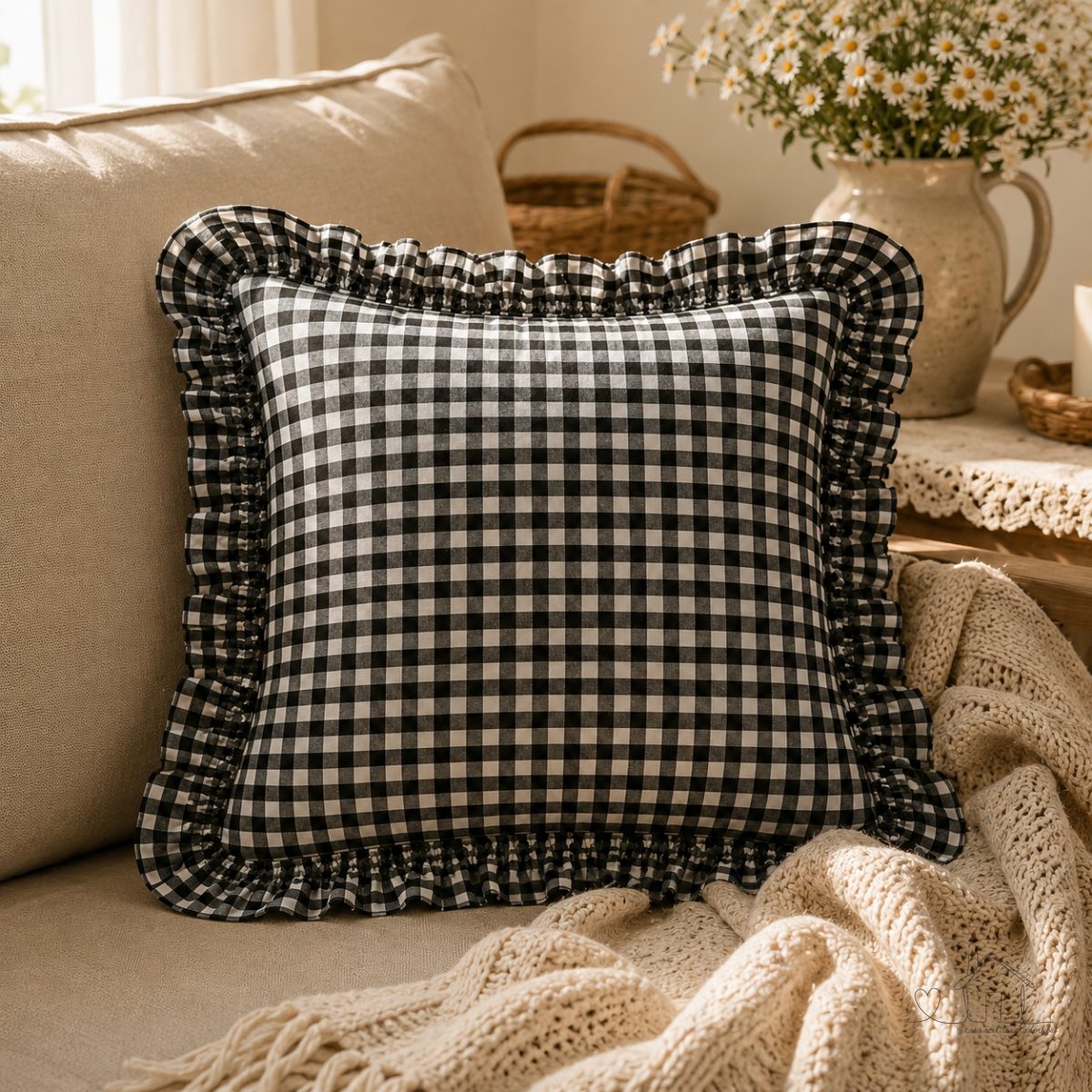 Capa de Almofada 40x40 cm Xadrez Vichy Preto e Branco com Babado Estilo Farmhouse