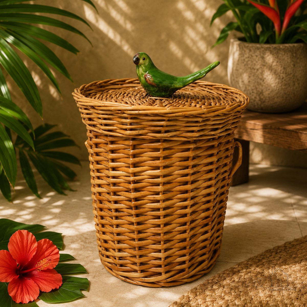 Lixeira em Vime Natural com Puxador de Ararinha Verde