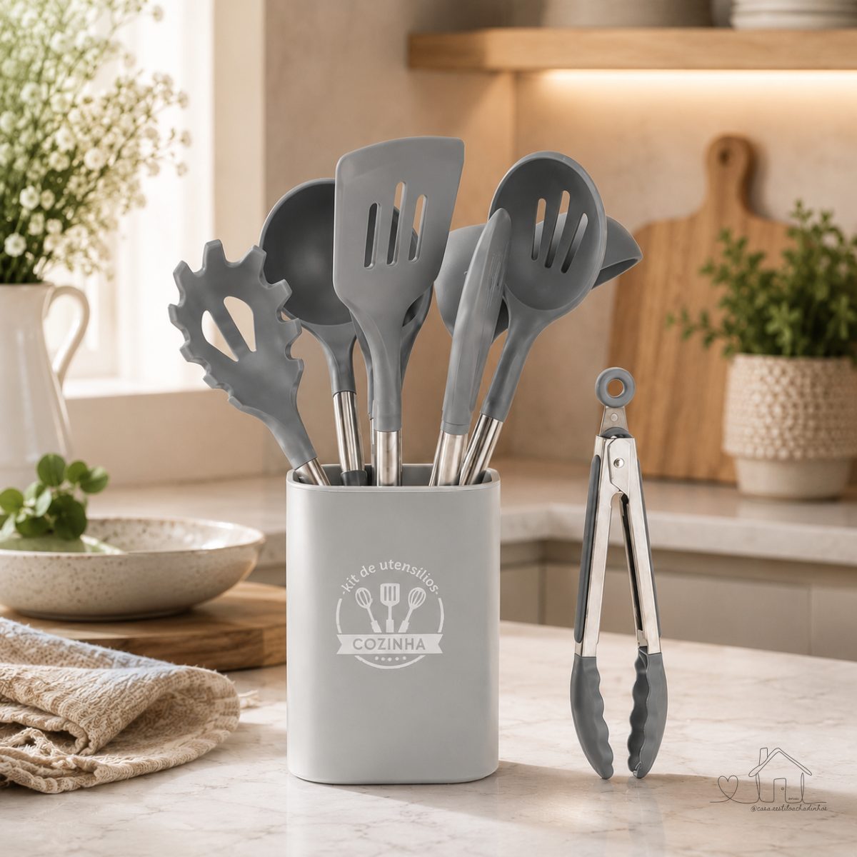 Kit 8 Utensílios Cozinha Silicone Inox Grande Balde Colher Espátula Concha BPA Free
