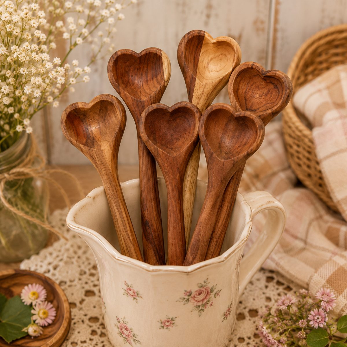 Colher de madeira coração cavado natural 26 cm - valor unitário - feito em madeira teca