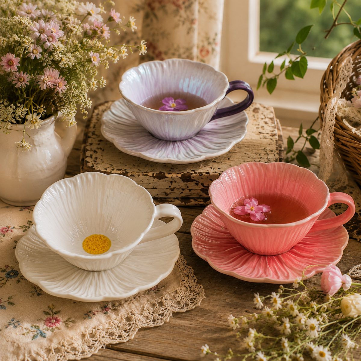 Xícara com Pires De Porcelana Floral 300ML Conjunto de Chá De Flor Mesa Posta