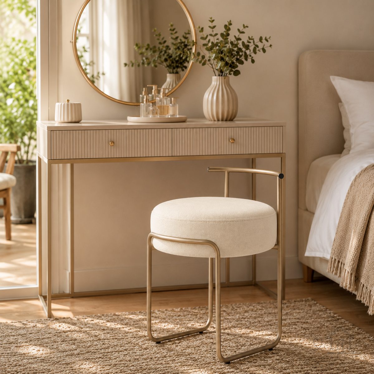 Puff Sala Redondo Evans Base Metal Champagne Tecido Boucle Cores