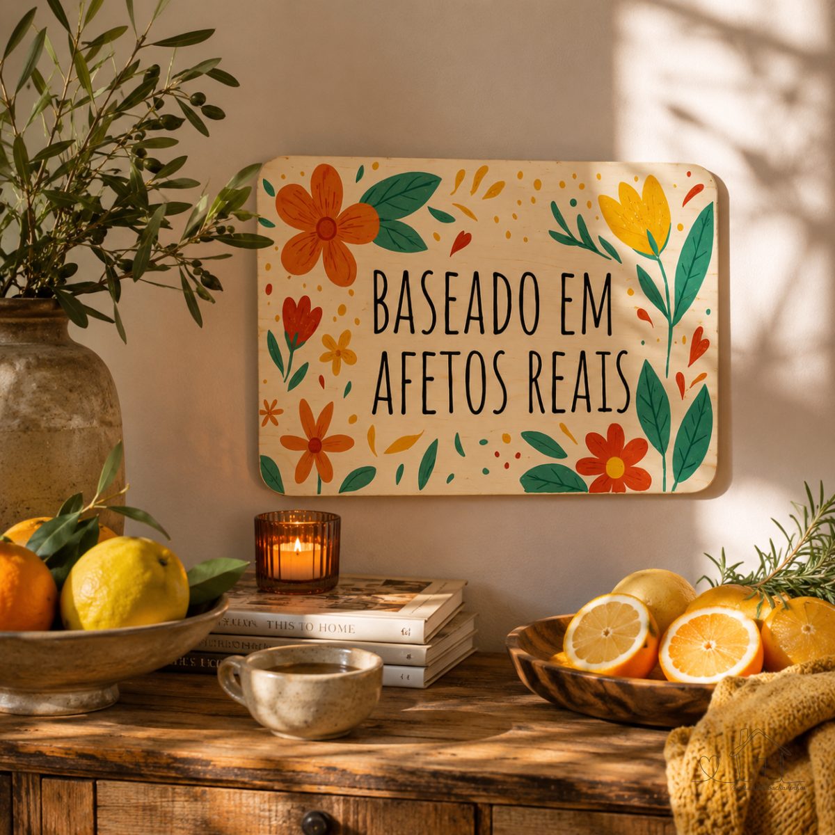 Quadro decorativo em Madeira Frase: Baseado em Afetos Reais