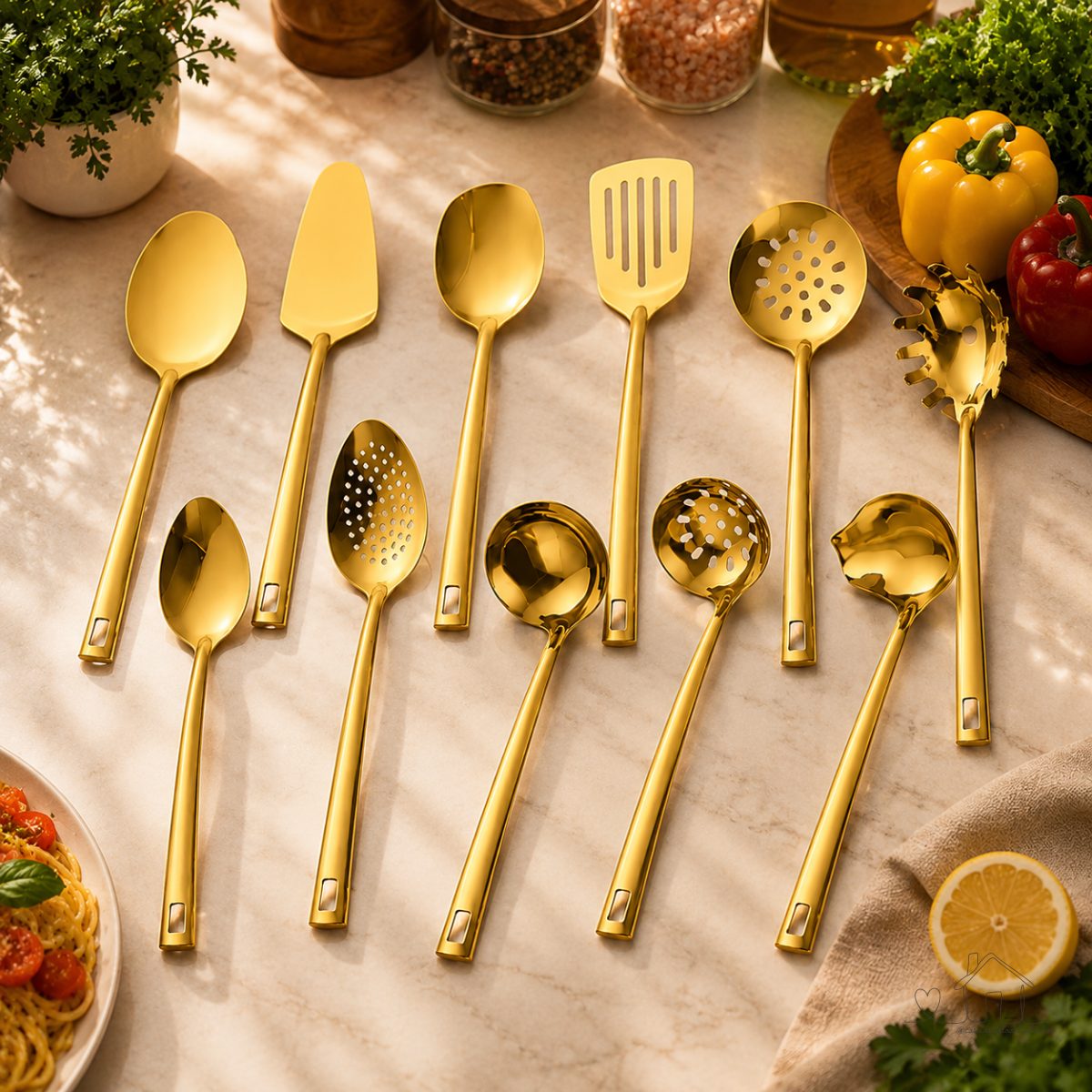 Kit 11 Peças Utensílios de Cozinha em Aço Inoxidável Dourado