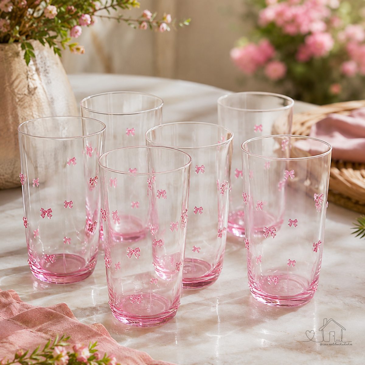Cj 6 Copos de Vidro Lacinho Rosa 500ml Delicada 26086 - Vencedor