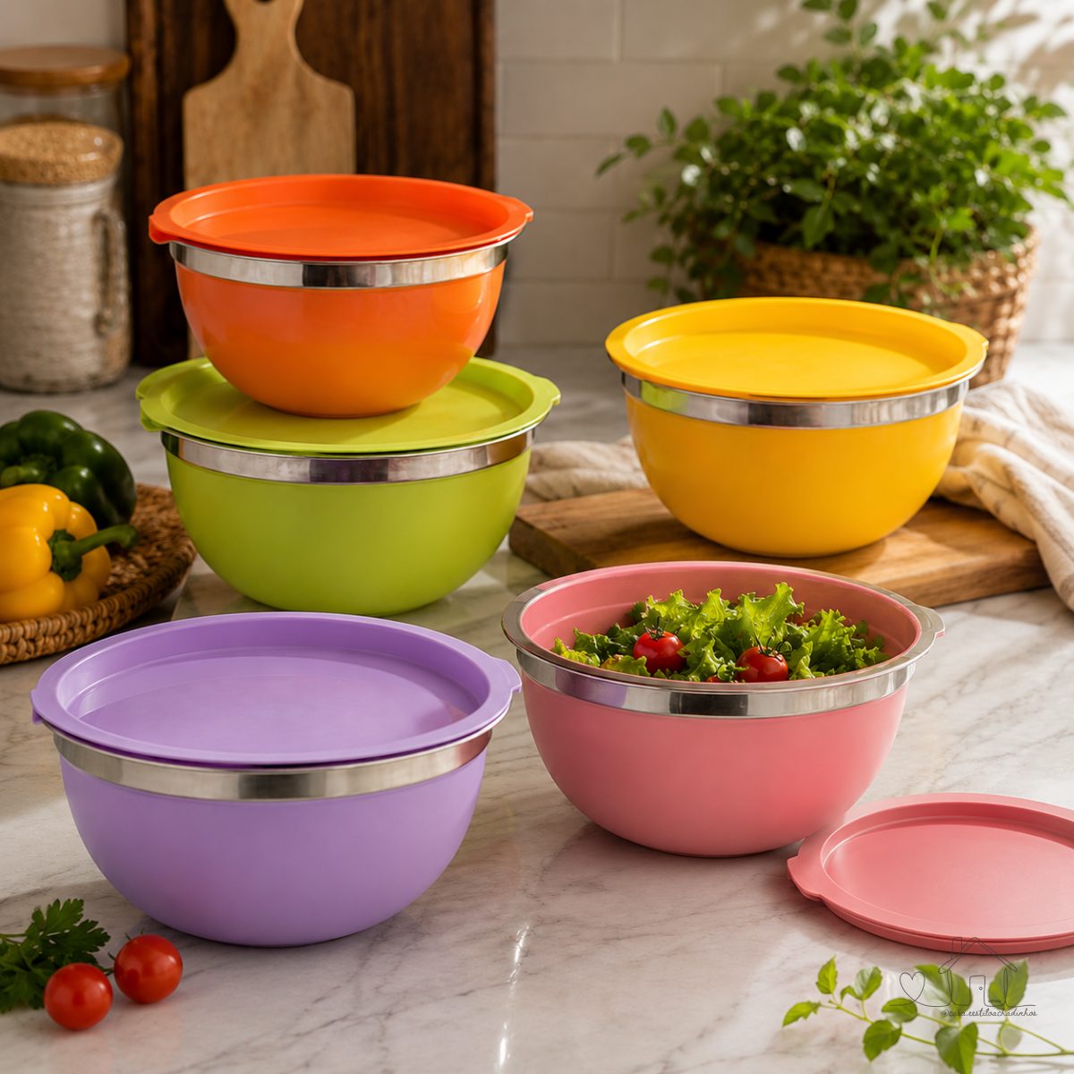 Kit Conjunto de 5 Bowls Tigelas Inox Coloridas com Tampa Empilháveis