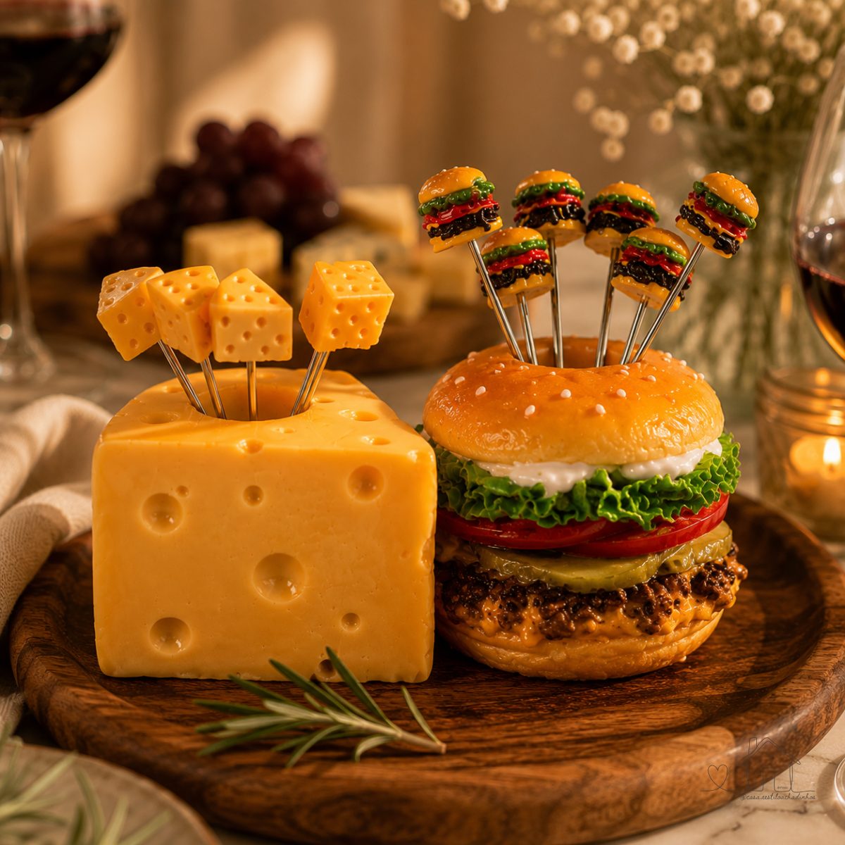 Paliteiro Decorativo Cerâmica Queijo e Hambúrguer | Porta Palitos Criativo Divertido para Mesa Posta