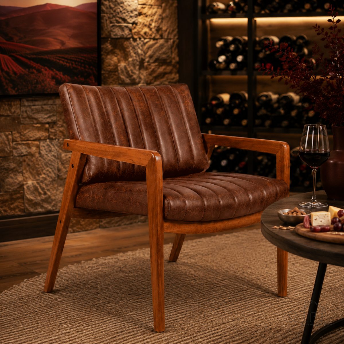 Poltrona Luxo Madeira Maciça Estofada Corino Marrom Envelhecido - Design Sofisticado