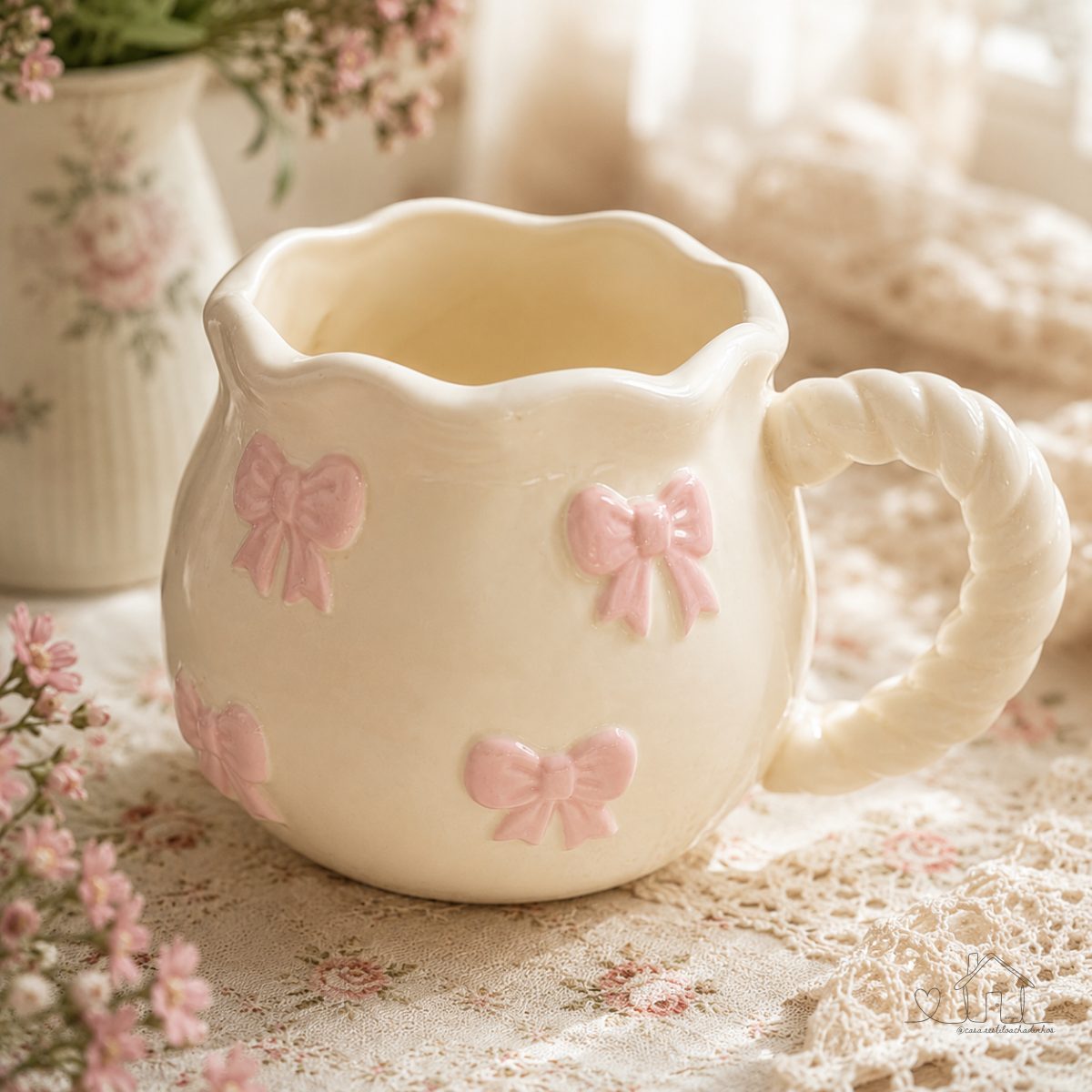 Caneca de cerâmica feita à mão - Laço Rosa Pequeno