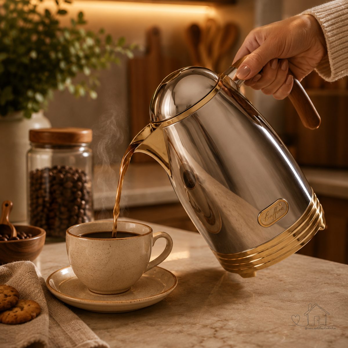 Garrafa Térmica em Metal Barista Espressa Prata Cromada Base Dourada e Cabo de Madeira 1L