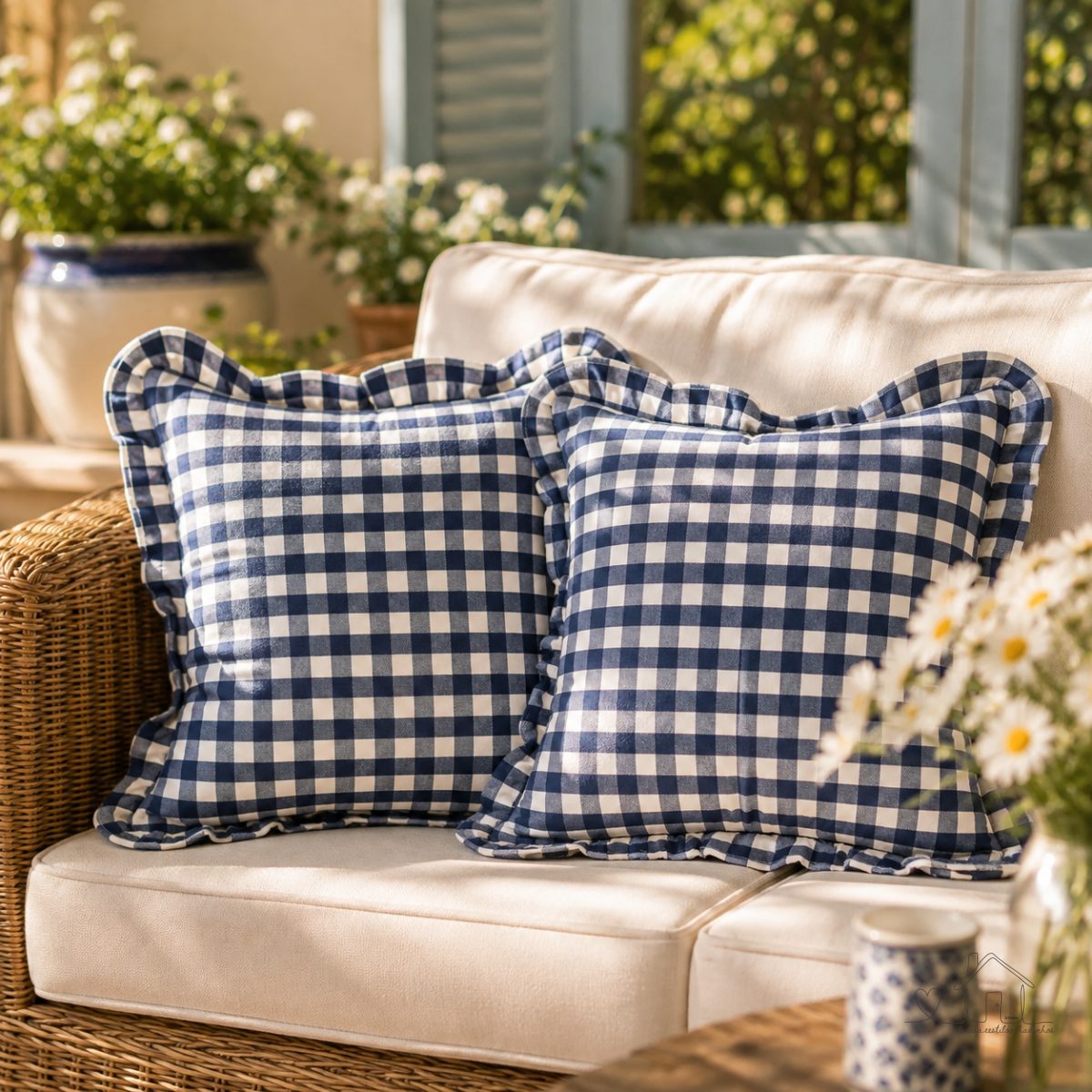 Capa de Almofada Estampada com Babados Vichy Marinho 100% Algodão 43x43cm