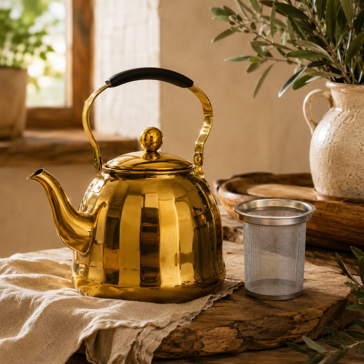 Bule Dourado Inox 1L Indução e Gás – Chaleira Elegante para Chá / Café, com Infusor