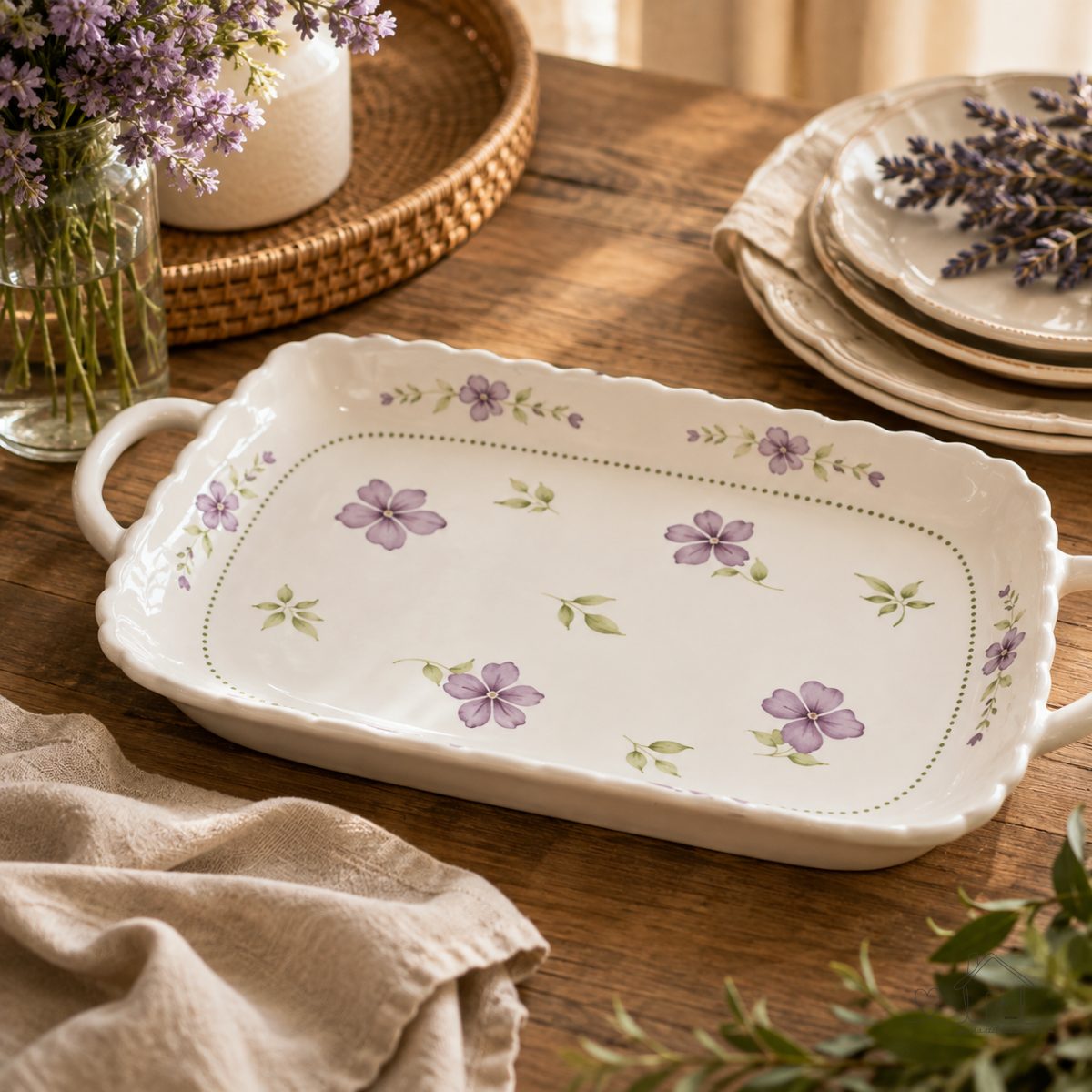 Travessa de Cerâmica Retangular com Alça - Floral Delicada
