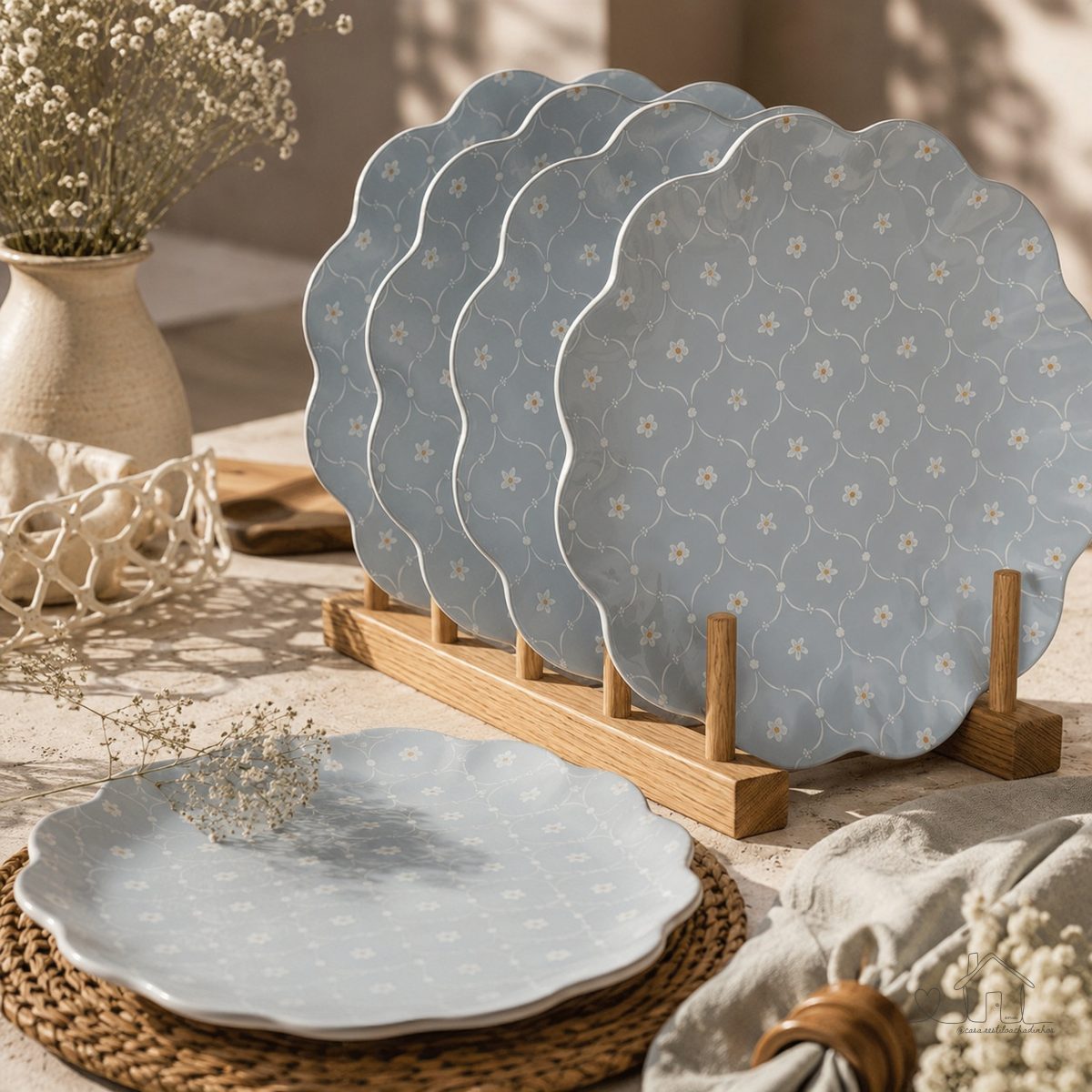 Jogo de 4 Pratos de Jantar Raso em MELAMINA Estampa de Treliça Floral Celeste 27CM