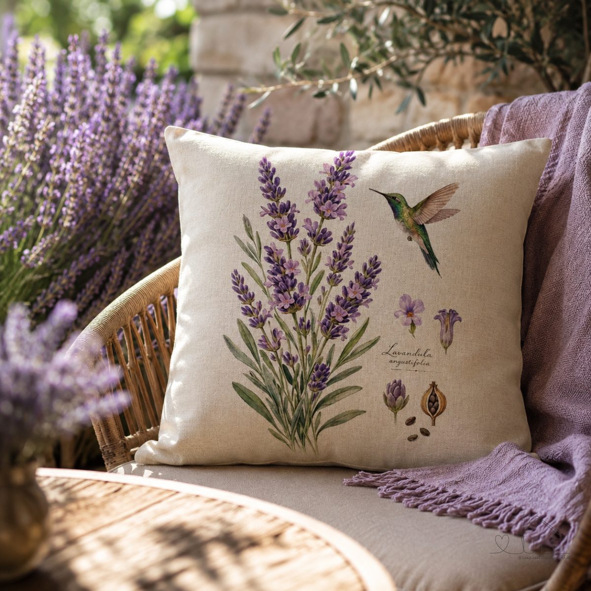 Capa Almofada Linho Lavanda e Beija-flor Luxo 43x43 cm