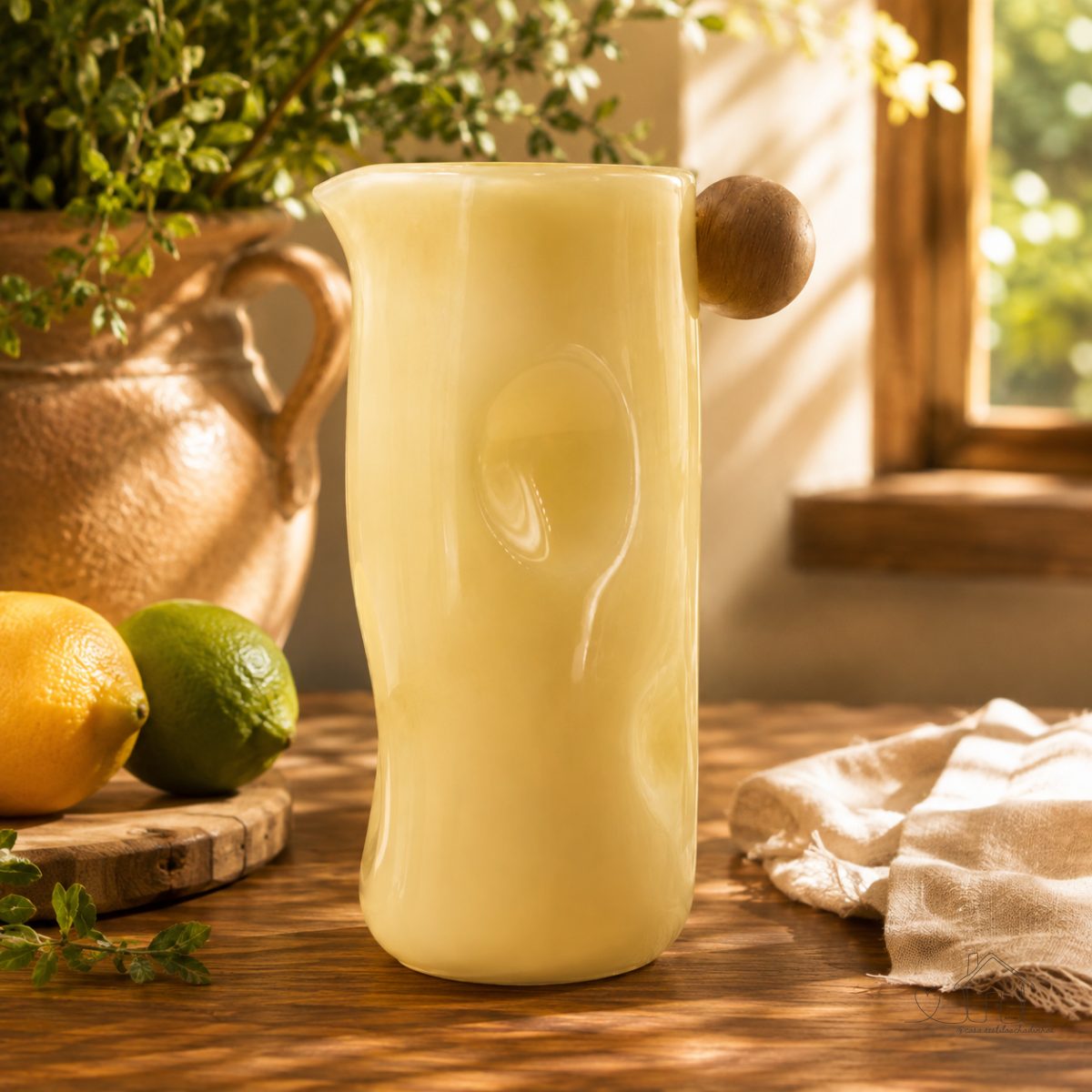 Jarra de Vidro Drop Jarra para Servir Vidro Orgânico Areia Bege Claro Detalhe Esfera Marrom 1200ML