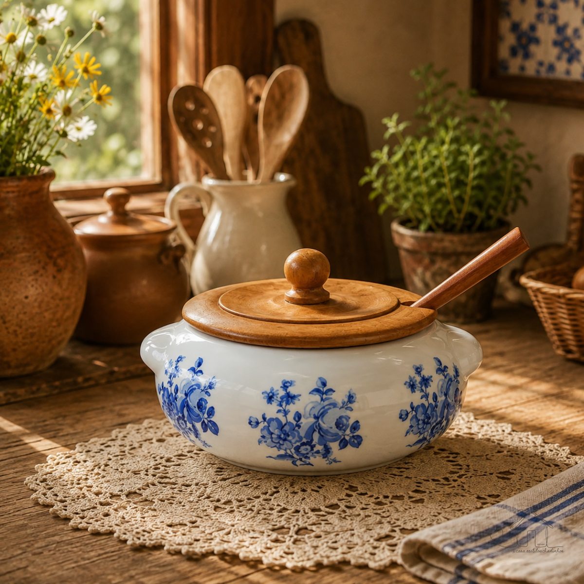 Farinheira de Porcelana - Floral Azul - acompanha tampa e colher de madeira.