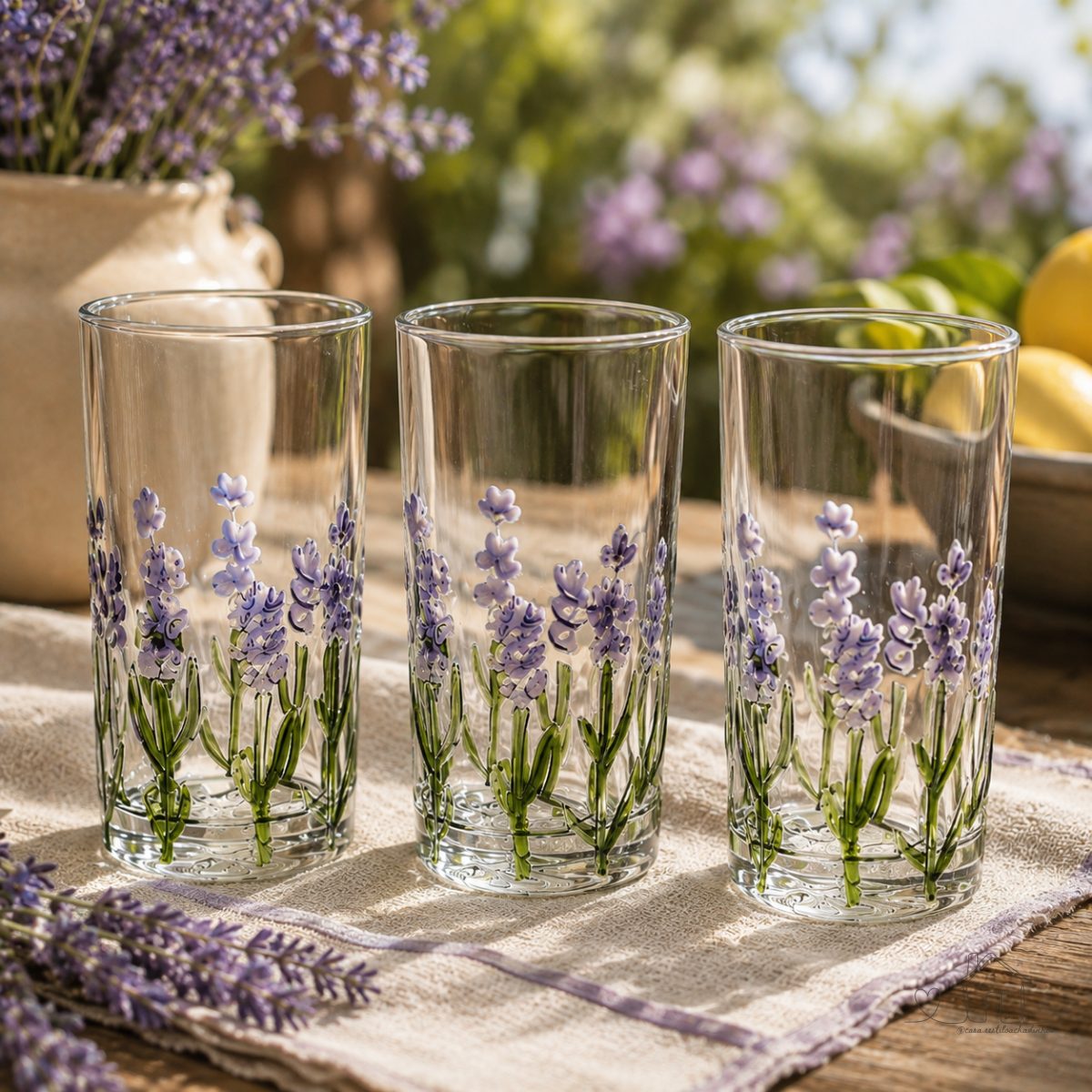 Jogo de Copos Altos Lavanda 330ml – Kit com 6 Peças em Vidro Decorado