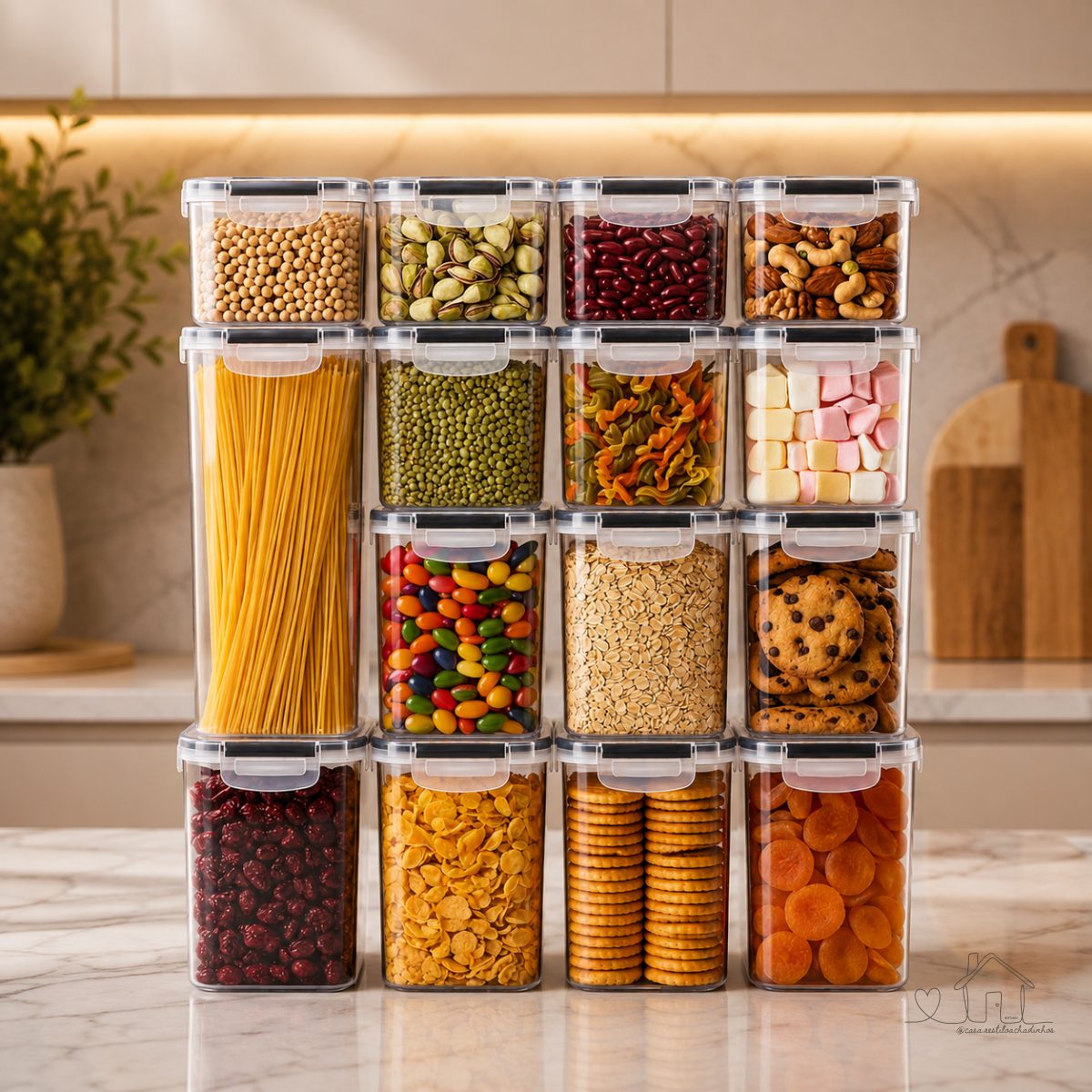Kit 15 Potes Herméticos para Armazenamento de Alimentos, BPA Free, Plástico PP, com Travas Laterais e Vedação em Silicone, Empilháveis para Organização de Cozinha Linha Gourmet Premium