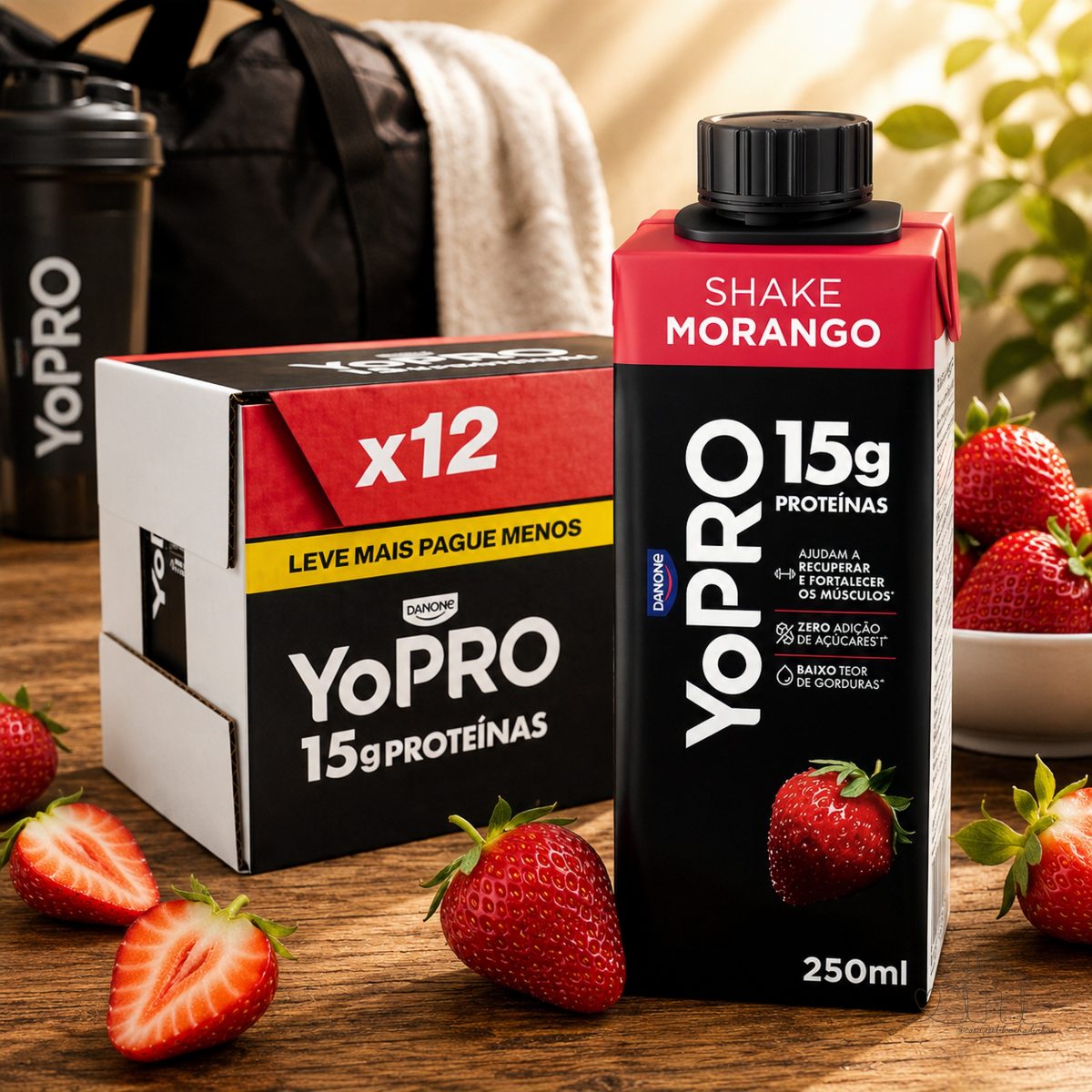 YoPRO Bebida Láctea UHT Morango – 15g de Proteínas, Líquido, Caixinha Tetra Pak 250ml (Pack com 12 unidades)