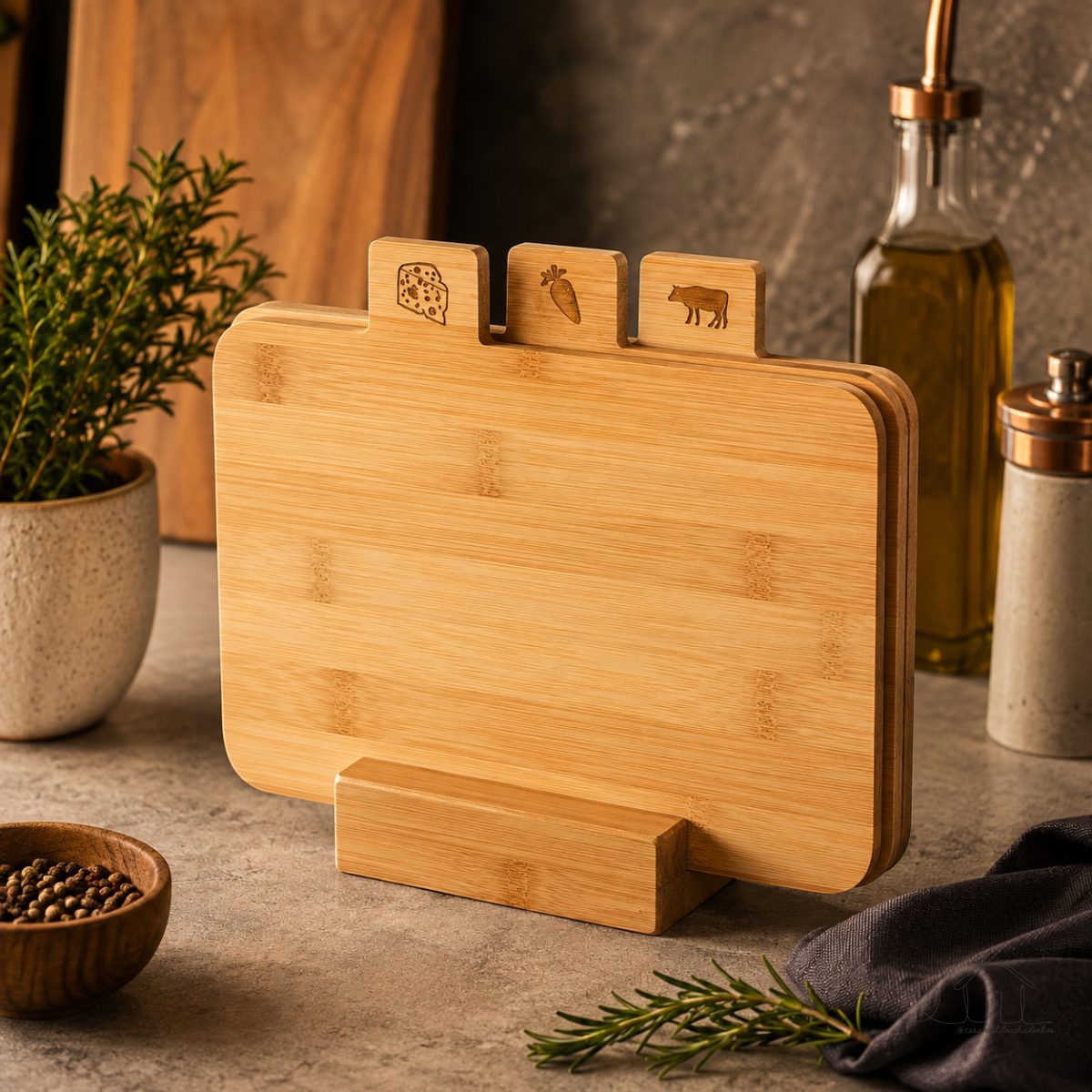 KIT com 3 Tábuas de Corte em BAMBU com suporte (Gourmet) Churrasco, Legumes e frutas
